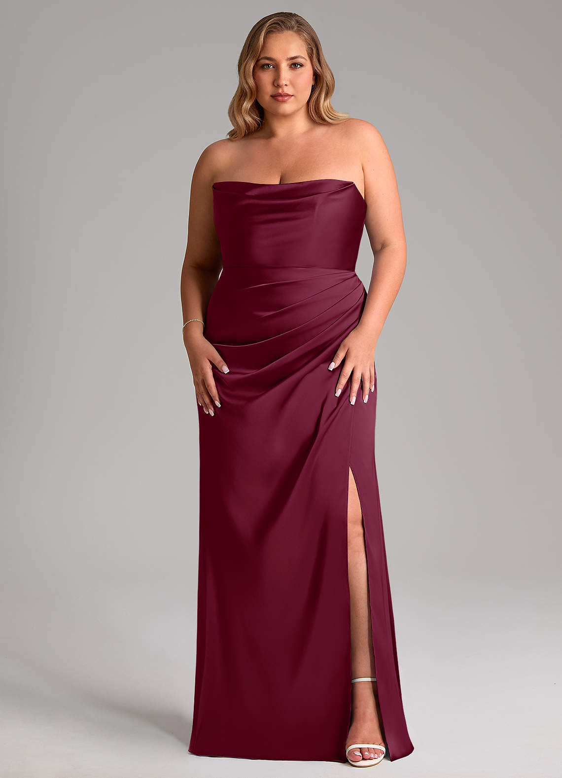 Leonis Mermaid Cowl-Neck Stretch Satin Bridesmaid Dress in Mulberry