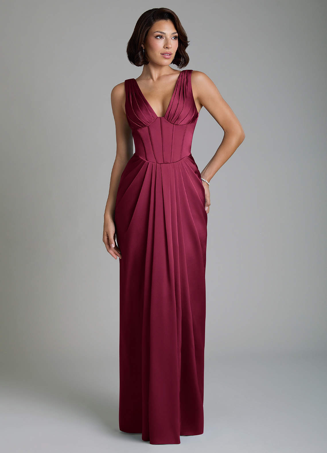 Vanya Sheath V-Neck Stretch Satin Bridesmaid Dress in Burgundy