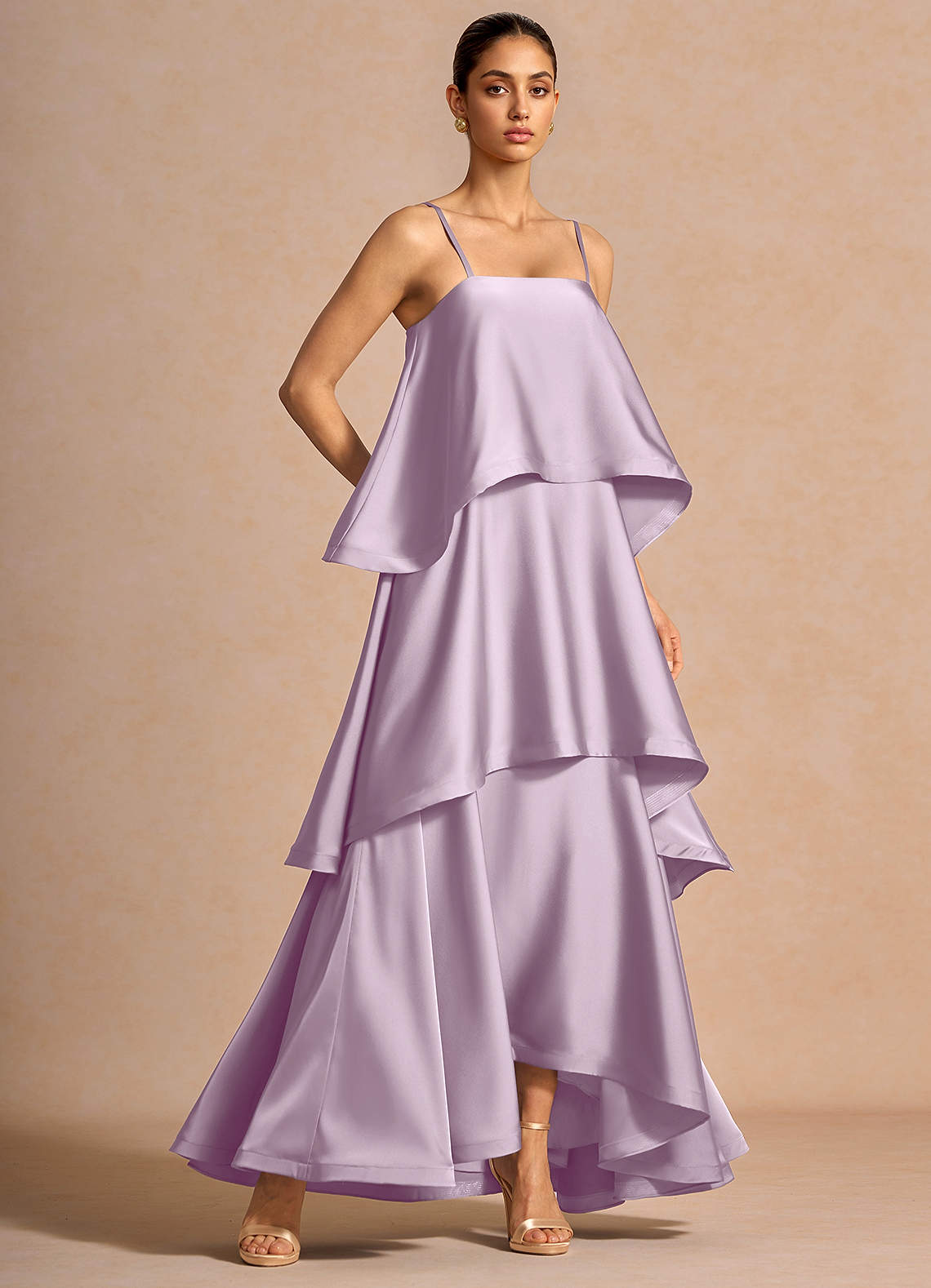Itasca A-Line Tiered Stretch Satin Wedding Guest Dress in Frosted Lilac
