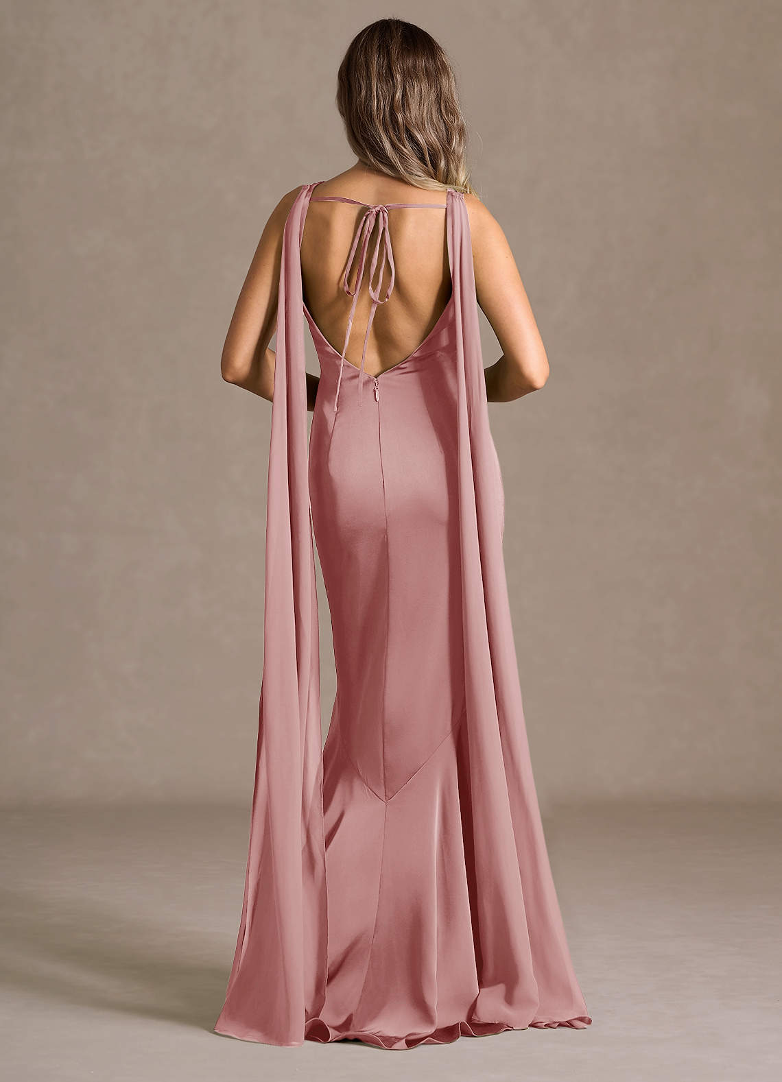 Wynne Mermaid Shoulder-Scarf Stretch Satin Evening Dress in Light Pink