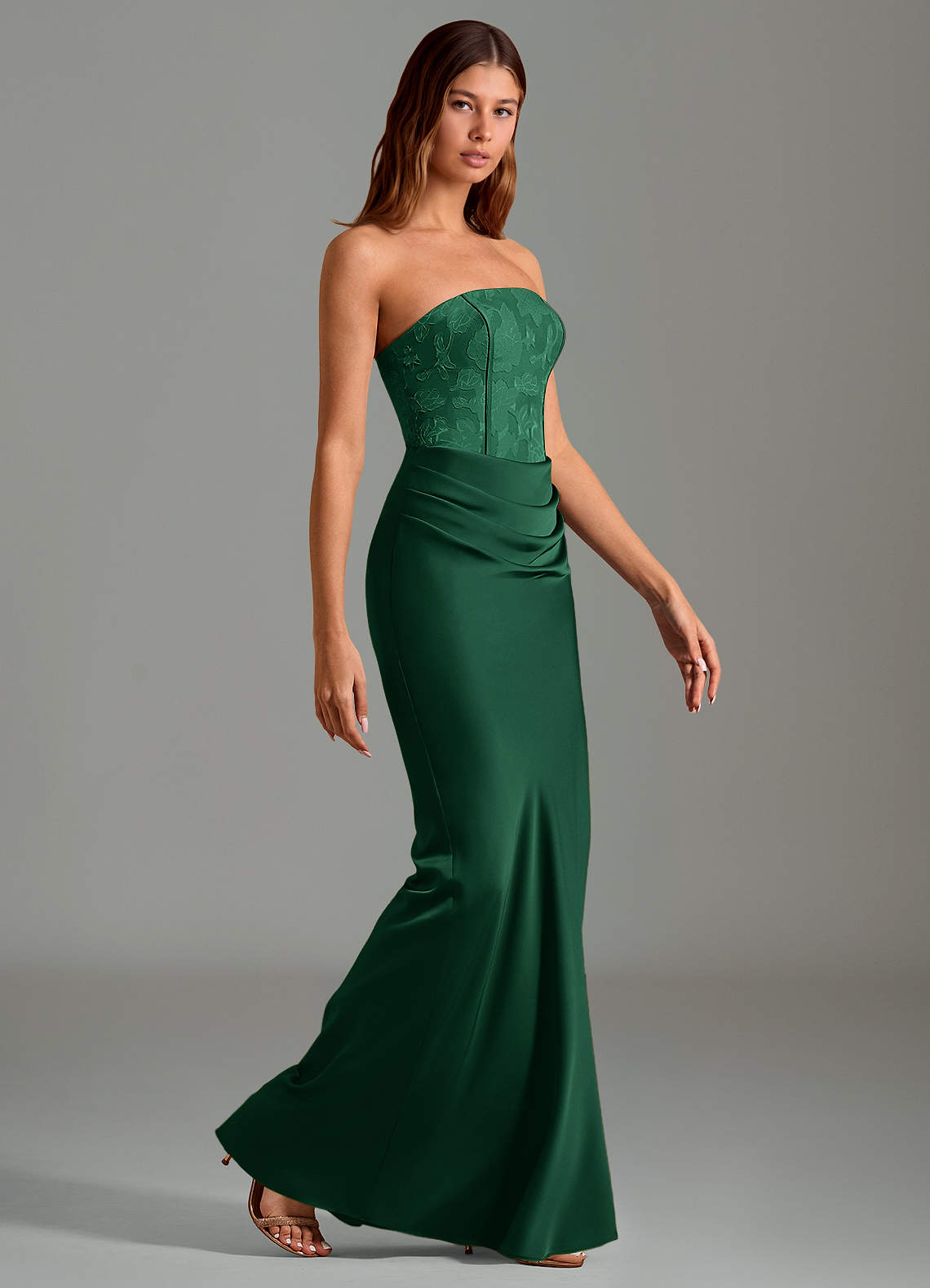 Emilia Mermaid Strapless Stretch Satin and Floral Burnout Bridesmaid Dress in Dark Green