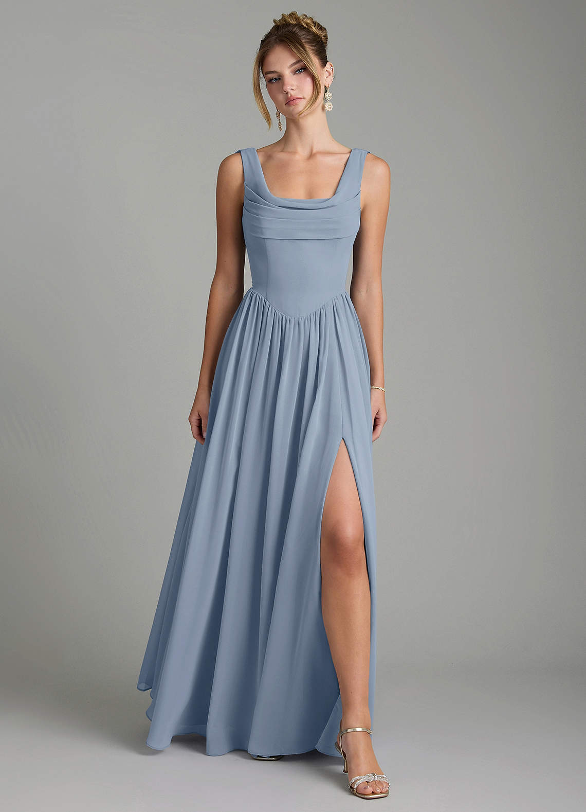 Novi A-Line Square-Neck Chiffon Bridesmaid Dress in dusty blue