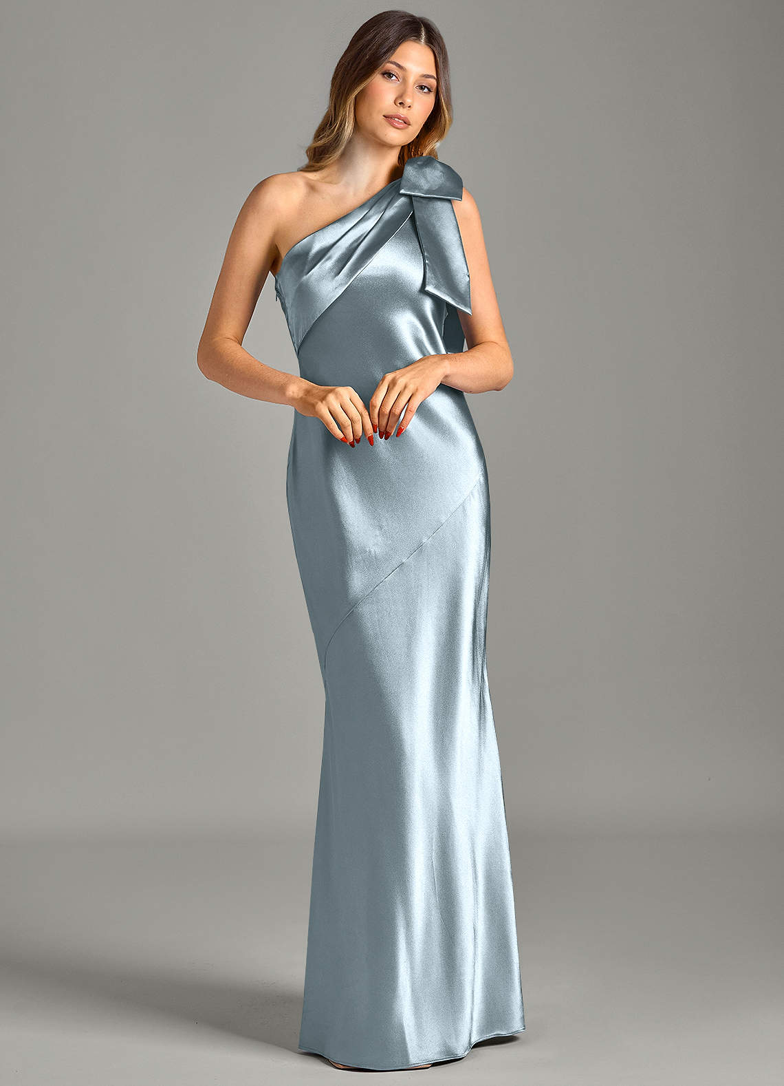 Yuanna Mermaid One-Shoulder Metallic Satin Bridesmaid Dress in dusty blue