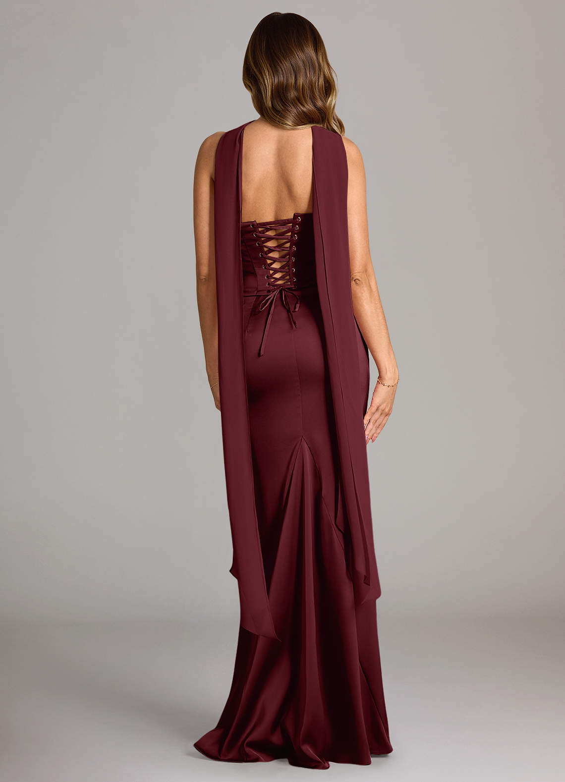 Sorrel Mermaid Cowl-Neck Stretch Satin and Chiffon Bridesmaid Dress in Cabernet