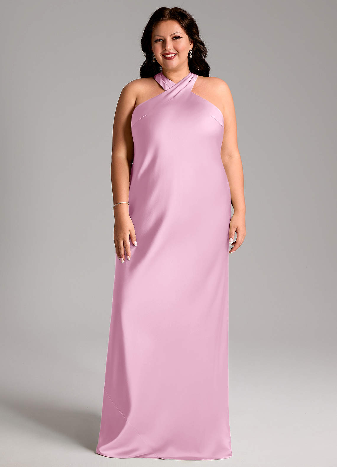 Doretta Mermaid Halter Stretch Satin Bridesmaid Dress in candy pink