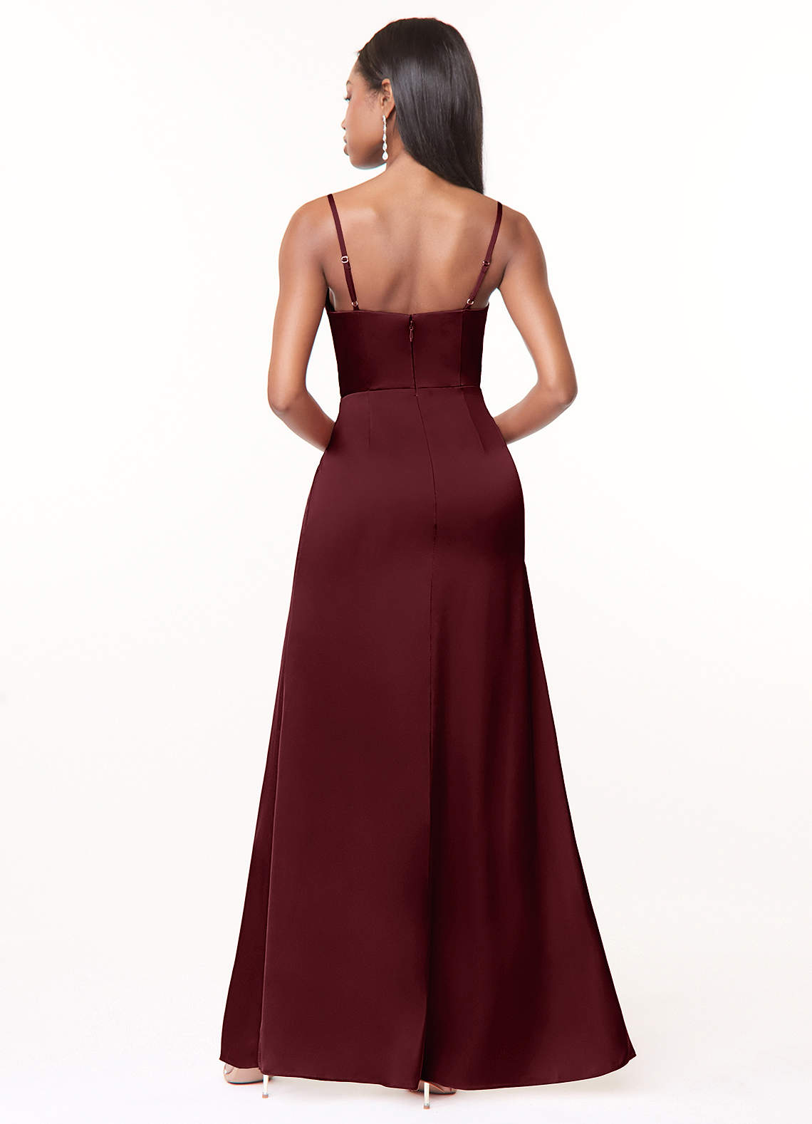 Maci A-Line V-Neck Stretch Satin Bridesmaid Dress in Cabernet