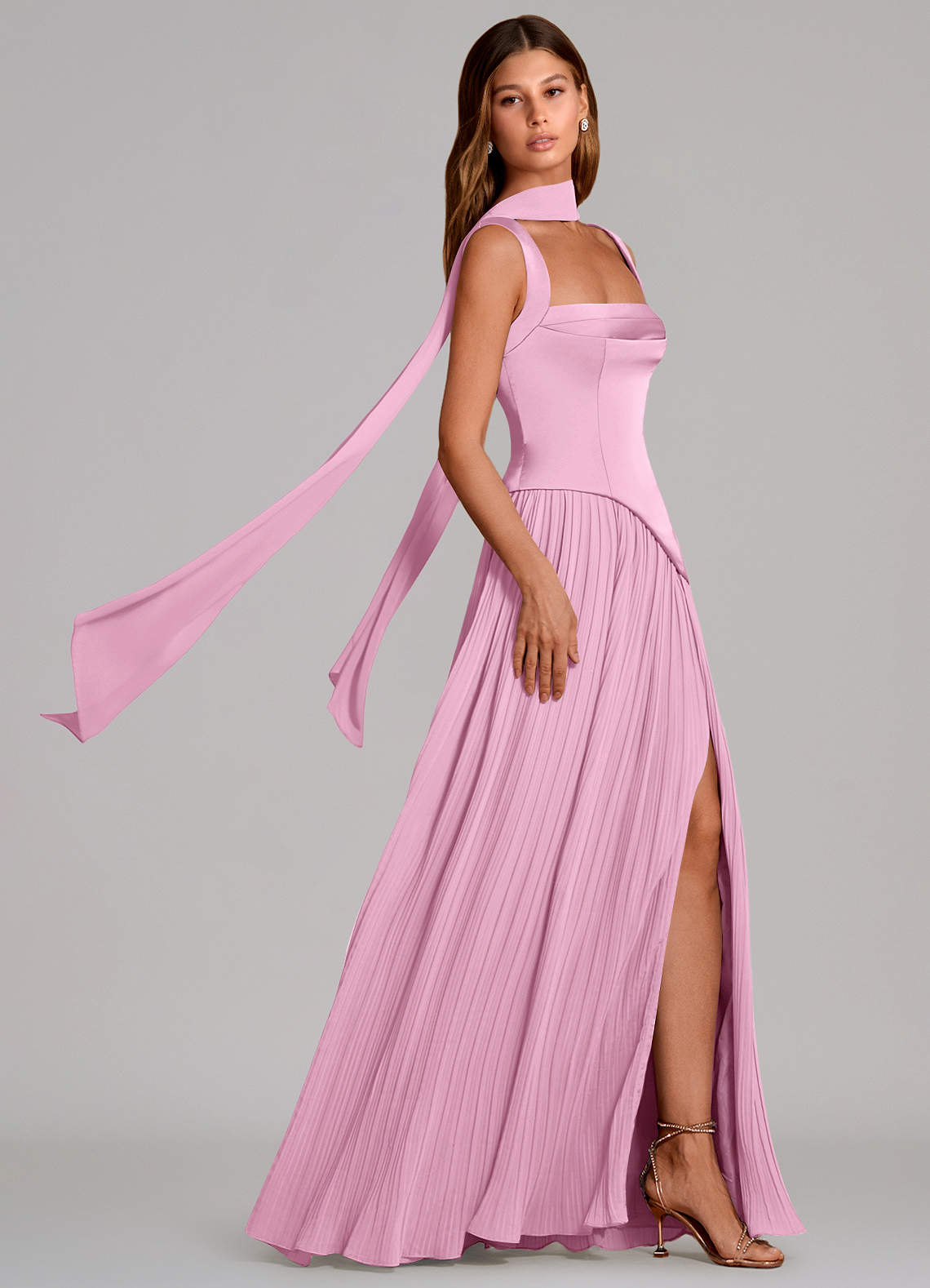 Stephanie A-Line Square-Neck Stretch Satin and Chiffon Bridesmaid Dress in candy pink