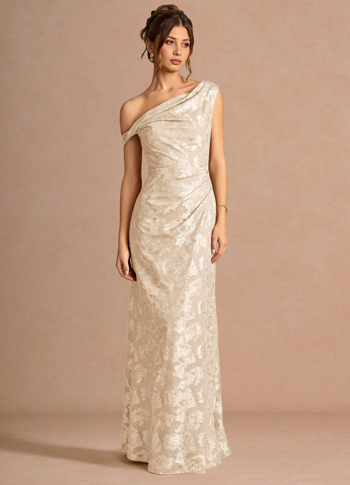 Kismet Mermaid One-Shoulder Fil Coupé Wedding Guest Dress in Cream