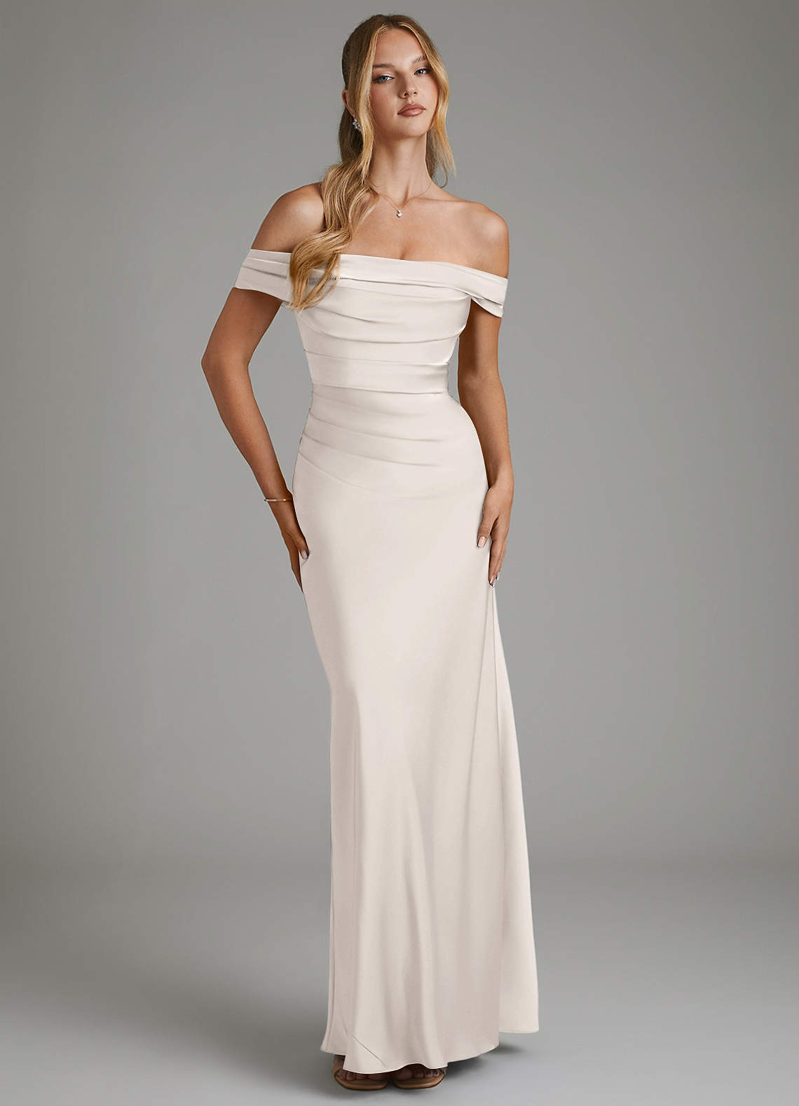Hayden Mermaid Off-the-Shoulder Stretch Satin Bridesmaid Dress in White Alabaster