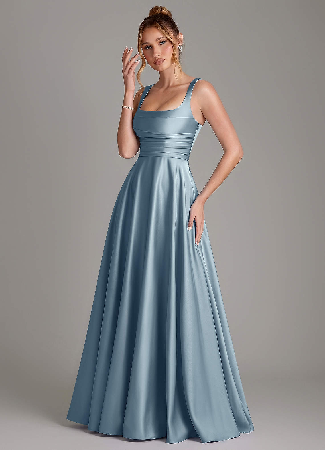 Azaria A-Line Square-Neck Stretch Satin Bridesmaid Dress in dusty blue