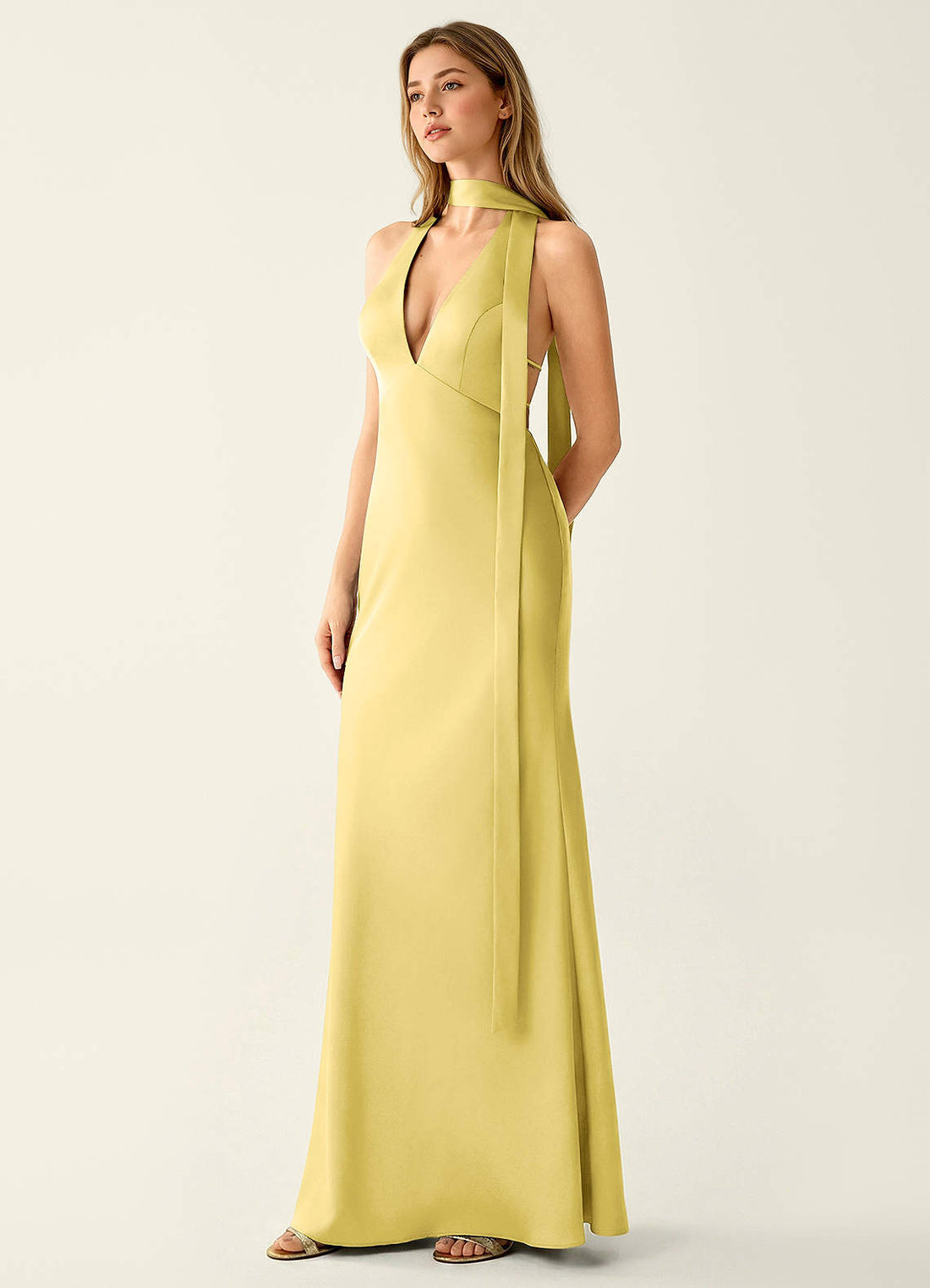 Wrenllien Halter Open-Back Satin Evening Dress in Pastel Yellow