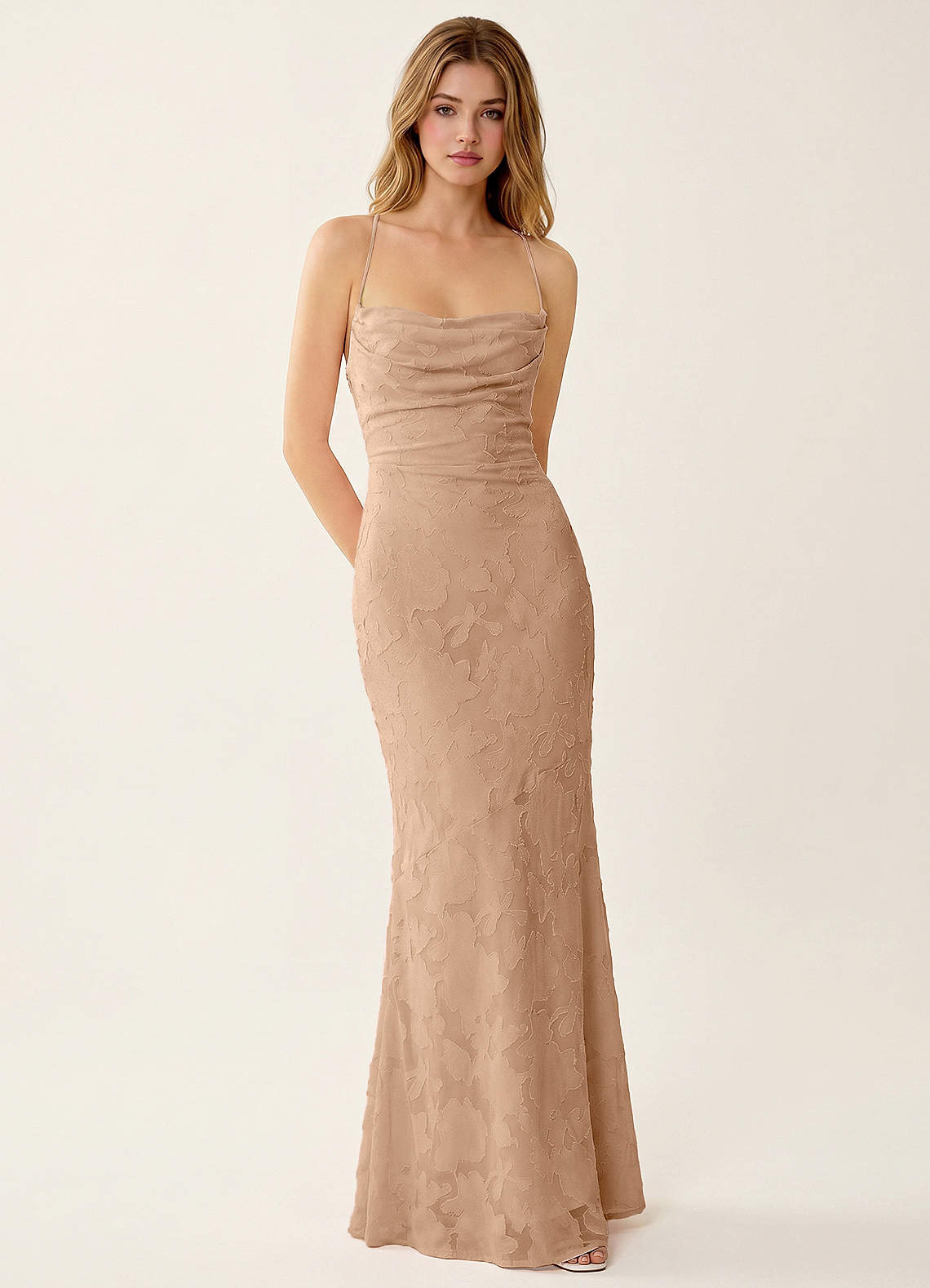 Natasha Mermaid Spaghetti-Strap Floral Burnout Evening Dress in Champagne