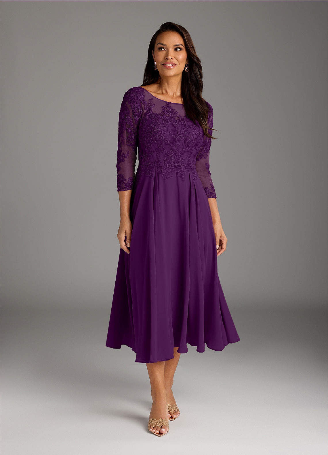 Marge A-Line Scoop-Neck Chiffon and Lace Mother of the Bride Dress in Grape
