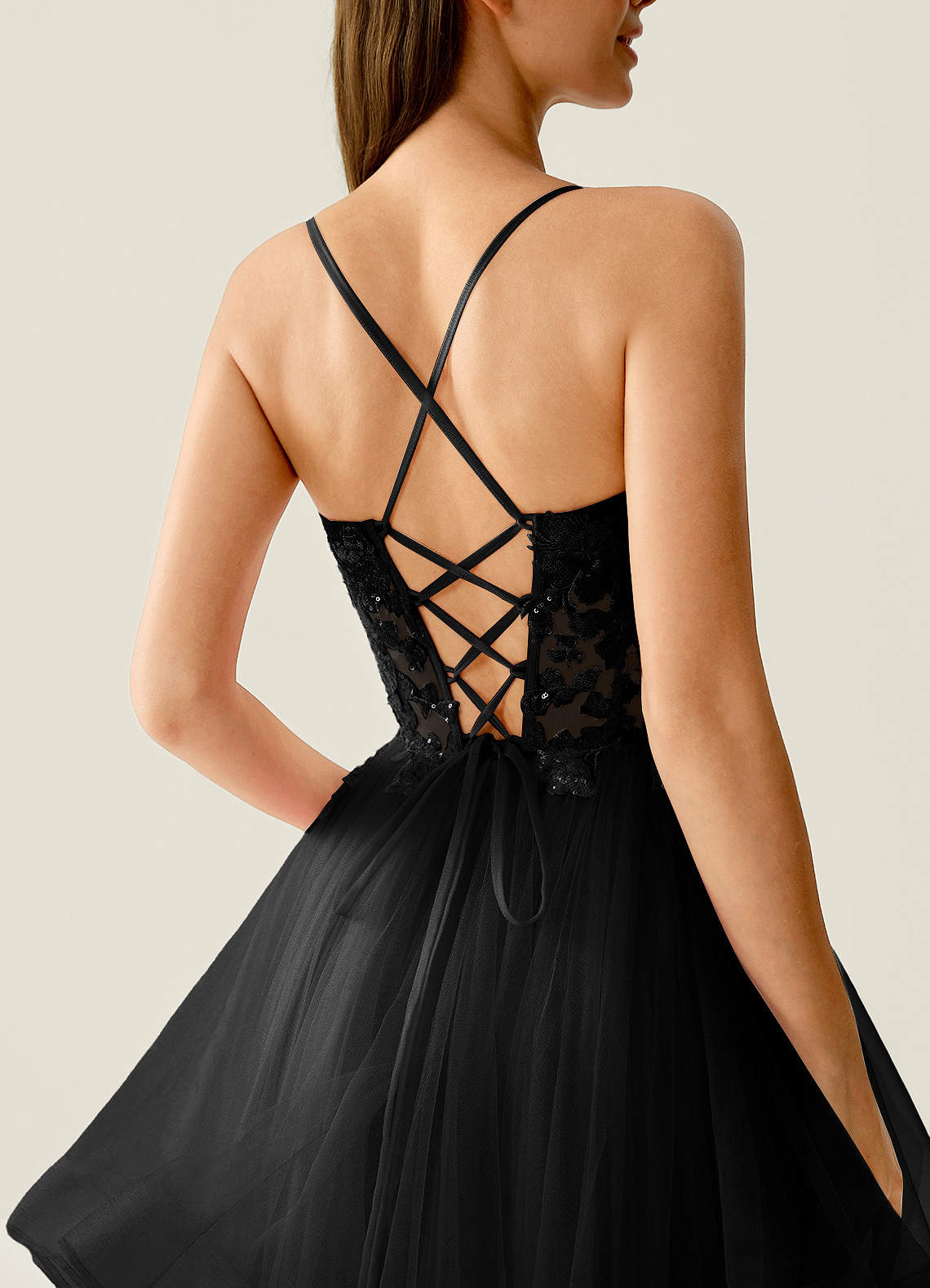 Mosaic A-Line V-Neck Tulle Evening Dress in black