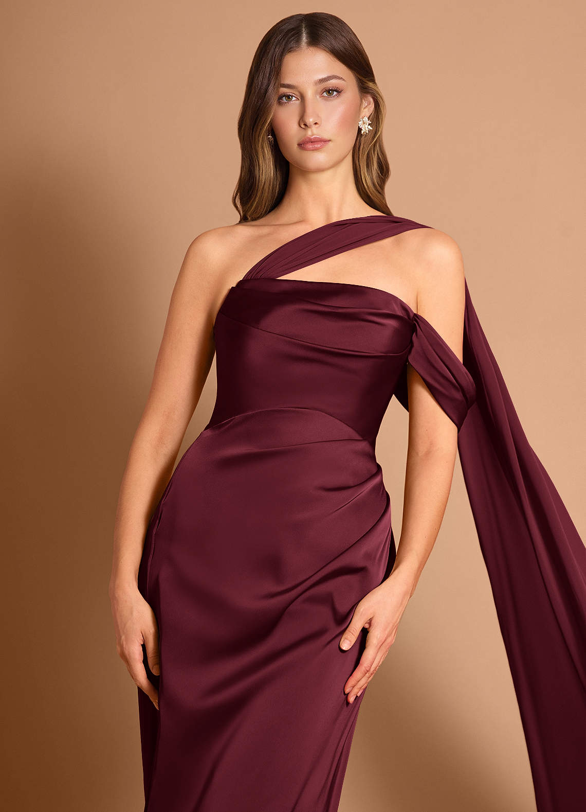 Meliora Asymmetric Strapless Chiffon-Drape Stretch Satin Evening Dress in Wine