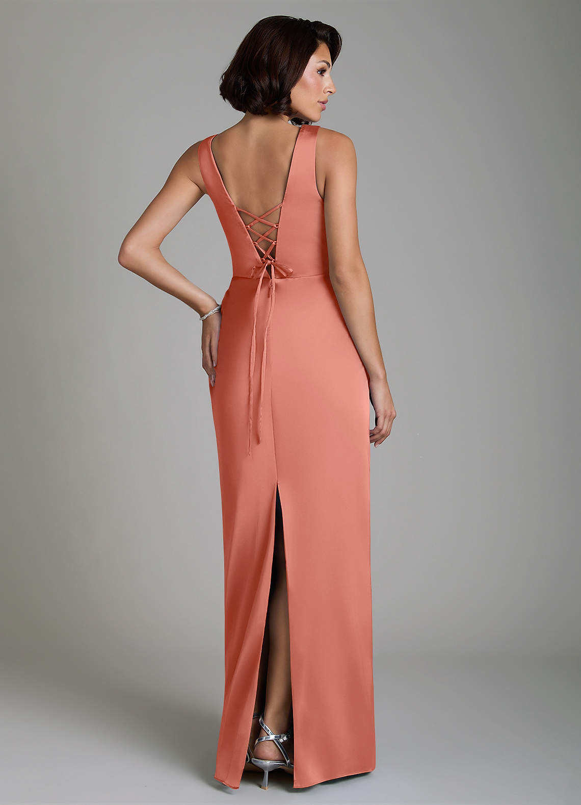 Vanya Sheath V-Neck Stretch Satin Bridesmaid Dress in Salmon Pink