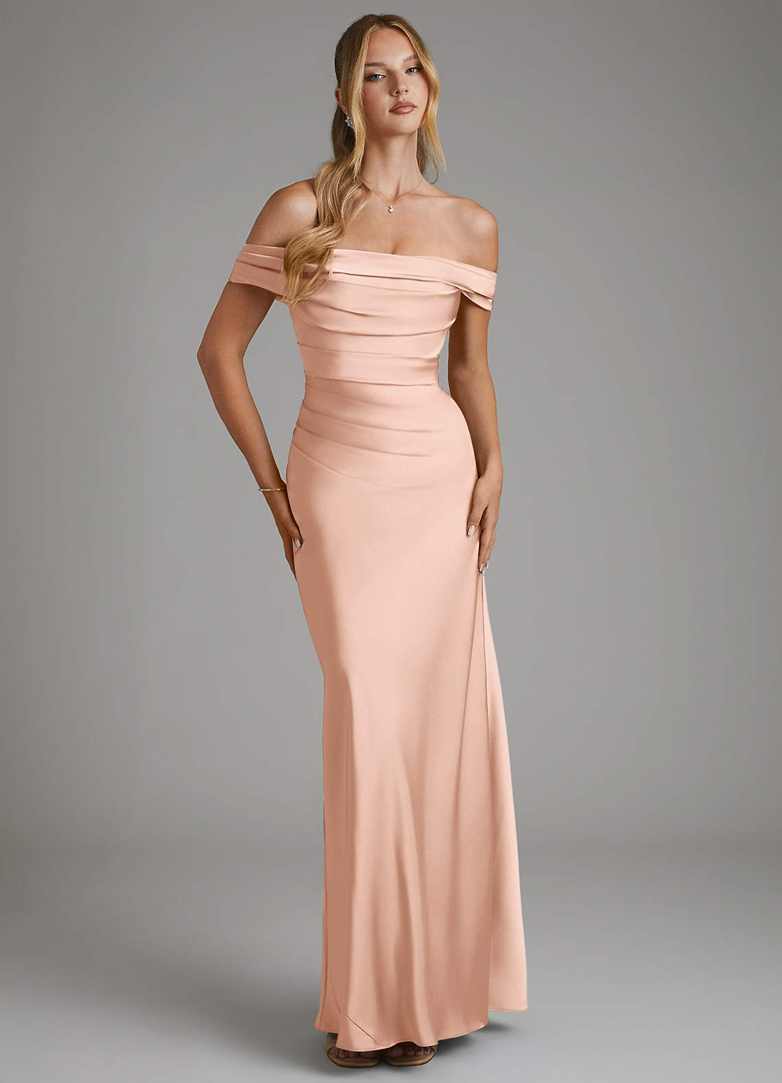 Hayden Mermaid Off-the-Shoulder Stretch Satin Bridesmaid Dress in rose gold