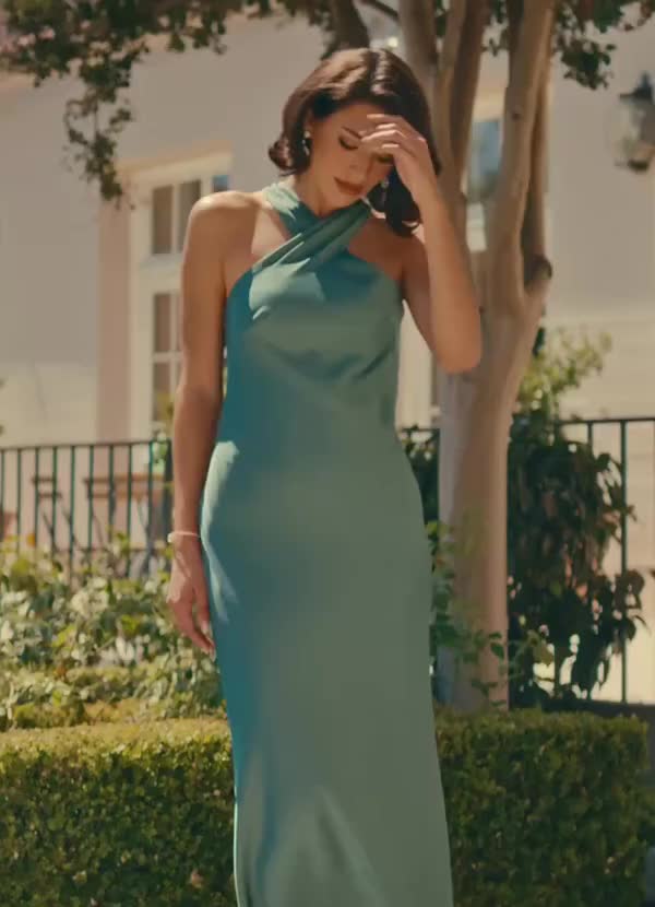 Doretta Mermaid Halter Stretch Satin Bridesmaid Dress in Dusty Sage