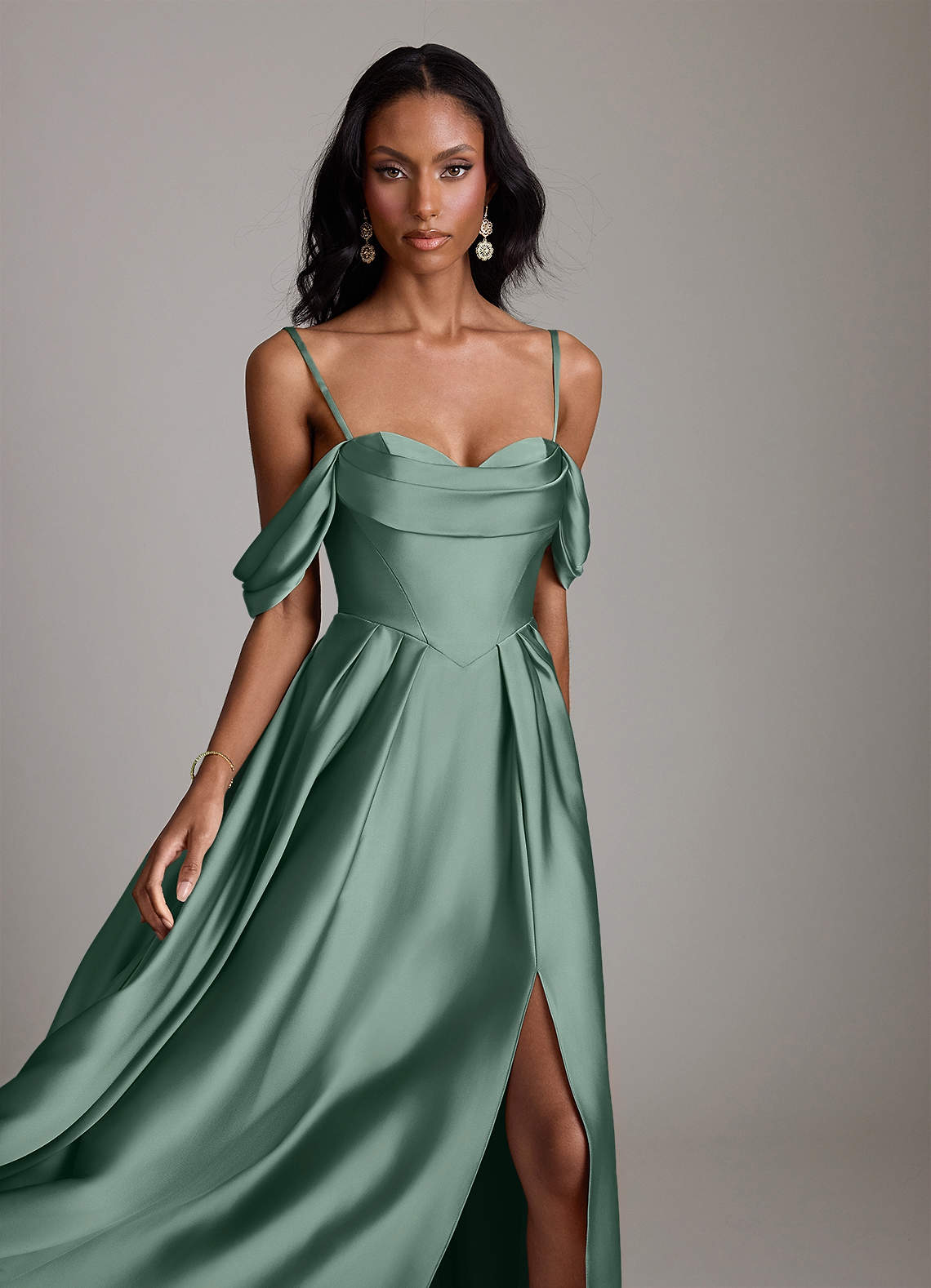 Loisa A-Line Off-the-Shoulder Stretch Satin Bridesmaid Dress in Eucalyptus