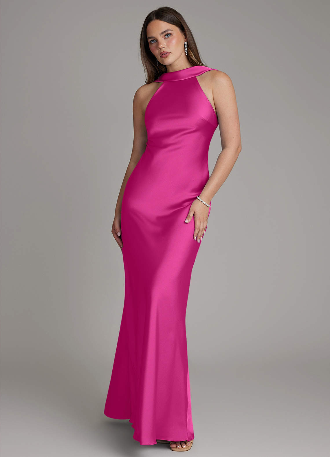 Dimitra Sheath Halter Stretch Satin Bridesmaid Dress in Fuchsia