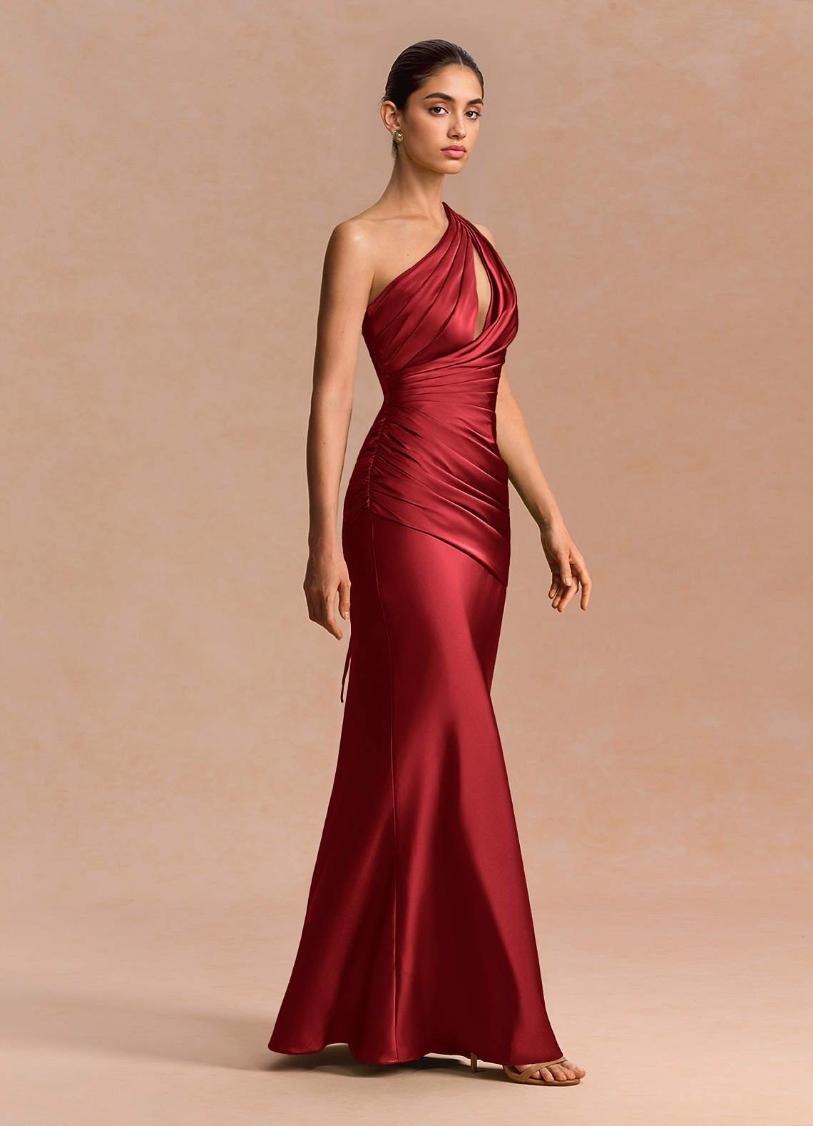 Guinevere One-Shoulder Cutout Stretch Satin Evening Dress in Cherry Red