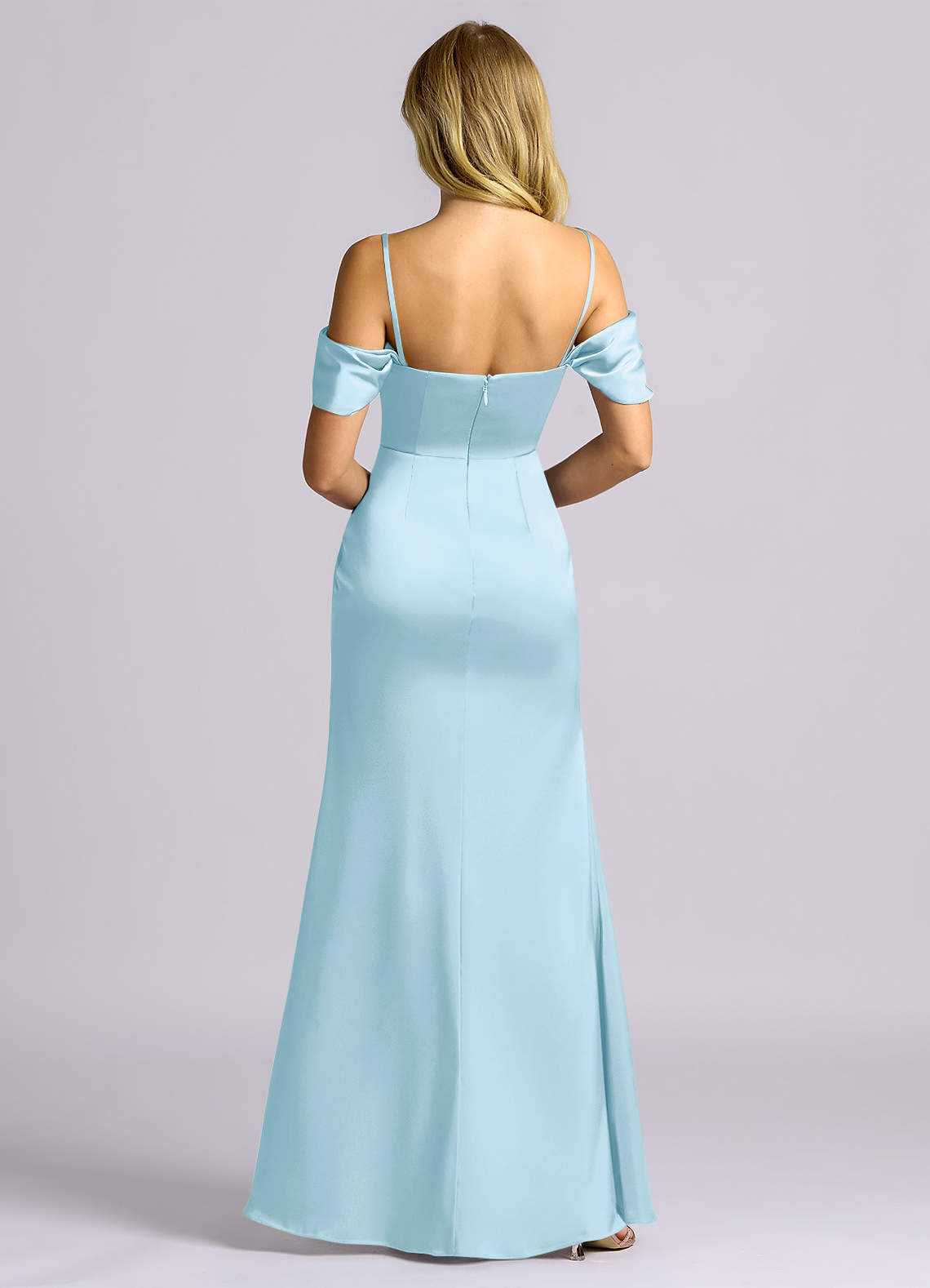 Auden Sheath Off-the-Shoulder Stretch Satin Bridesmaid Dress in Sky Blue