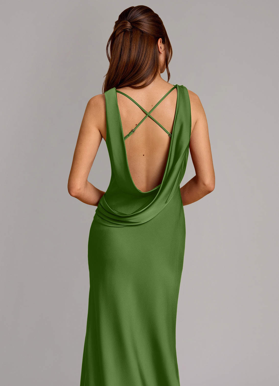 Cheryl Mermaid Cowl-Neck Stretch Satin Bridesmaid Dress in Basil