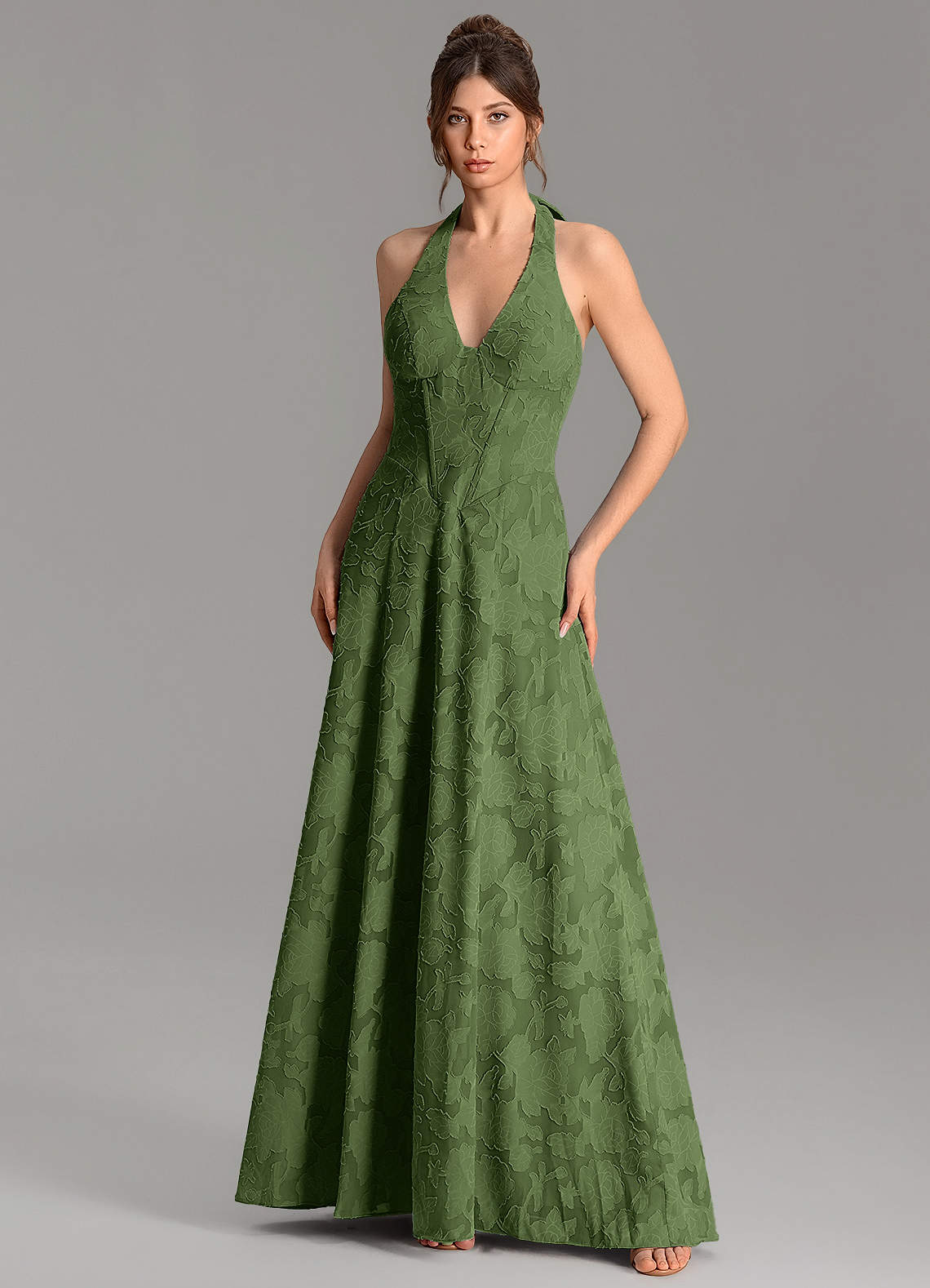 Nia A-Line V-Neck Floral Burnout Bridesmaid Dress in Olive