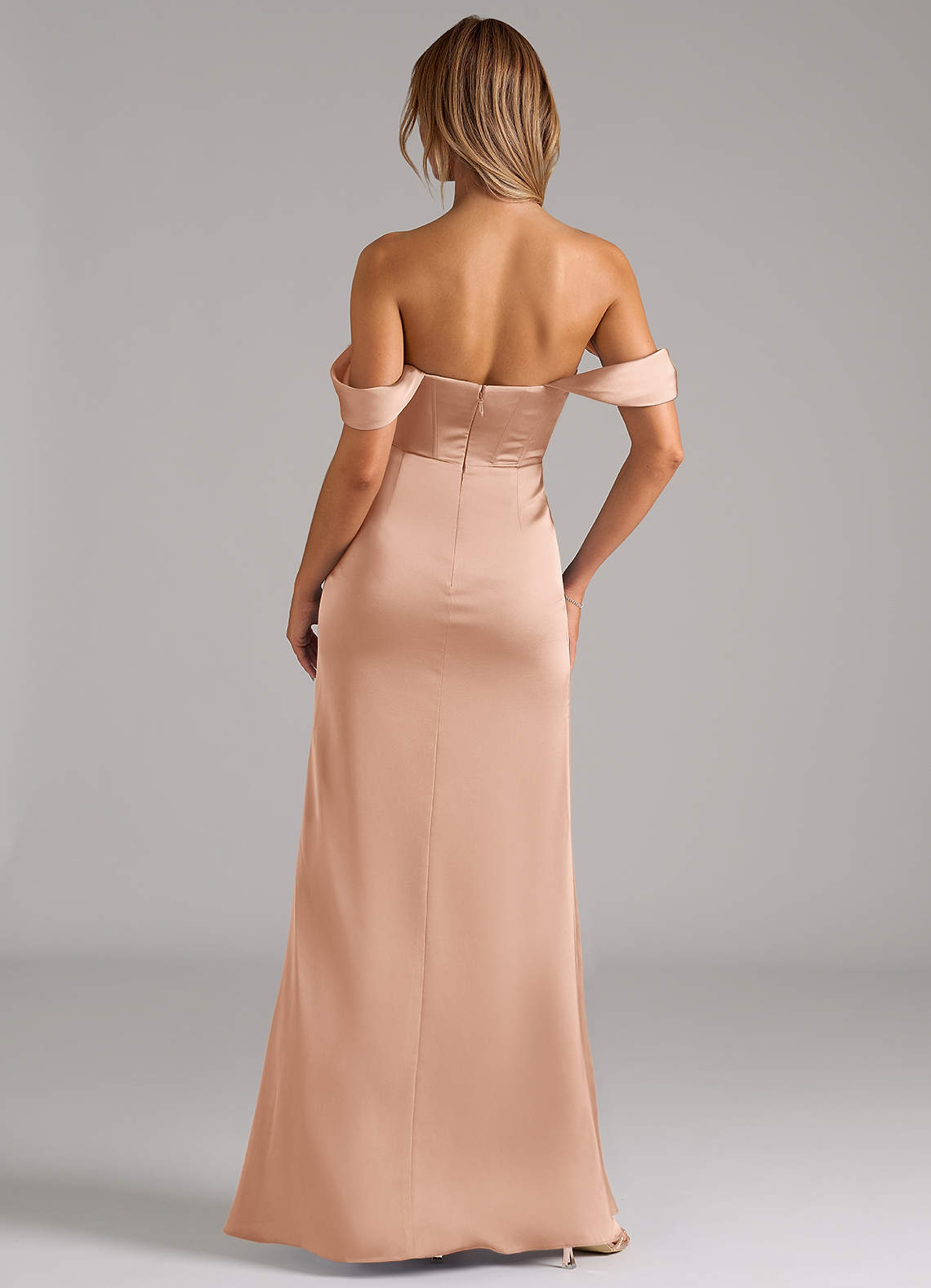 Johana Mermaid Off-the-Shoulder Stretch Satin Bridesmaid Dress in rose gold