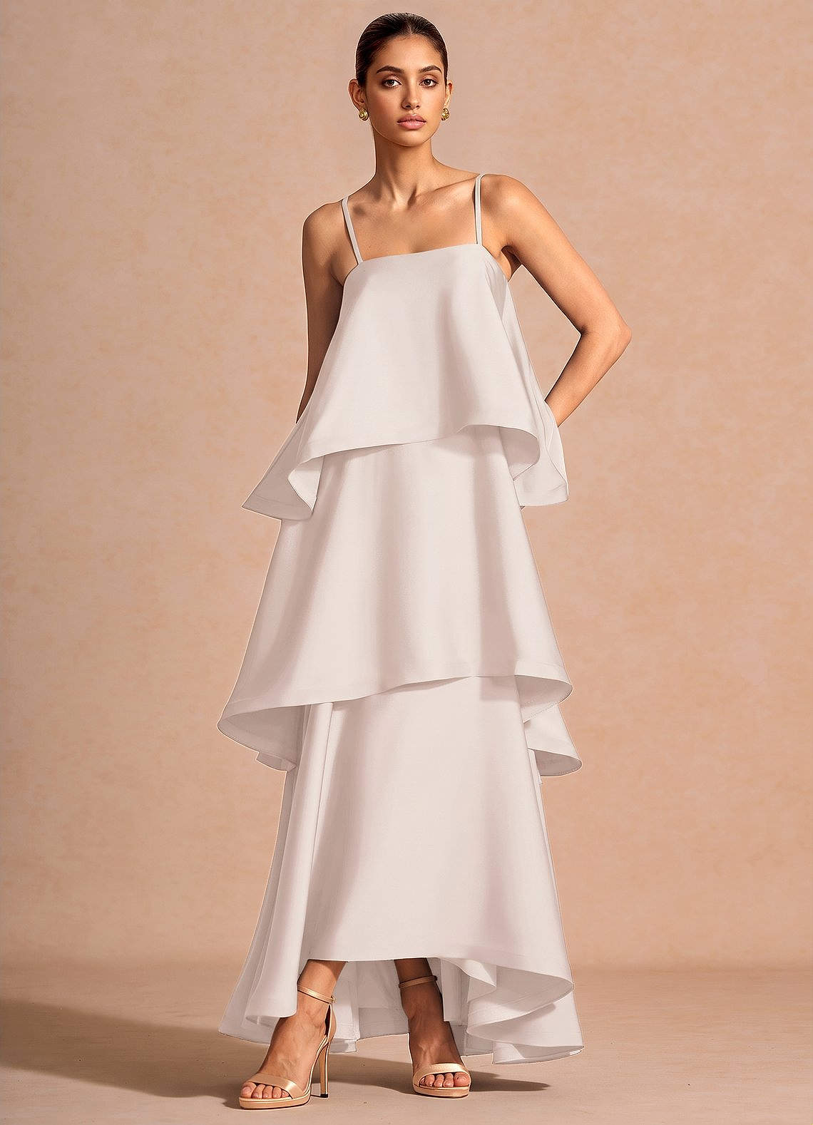 Itasca A-Line Tiered Stretch Satin Wedding Guest Dress in Cream