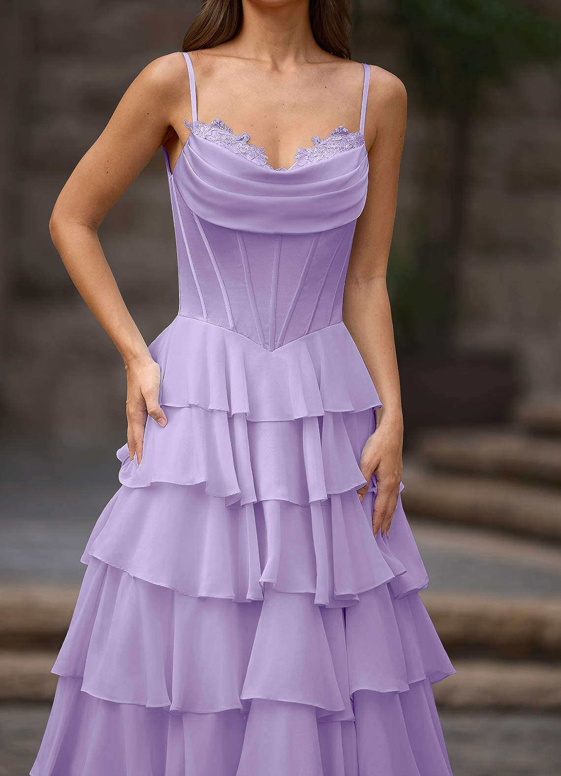 Floralace A-Line Ruffle Chiffon Evening Dress in Lilac
