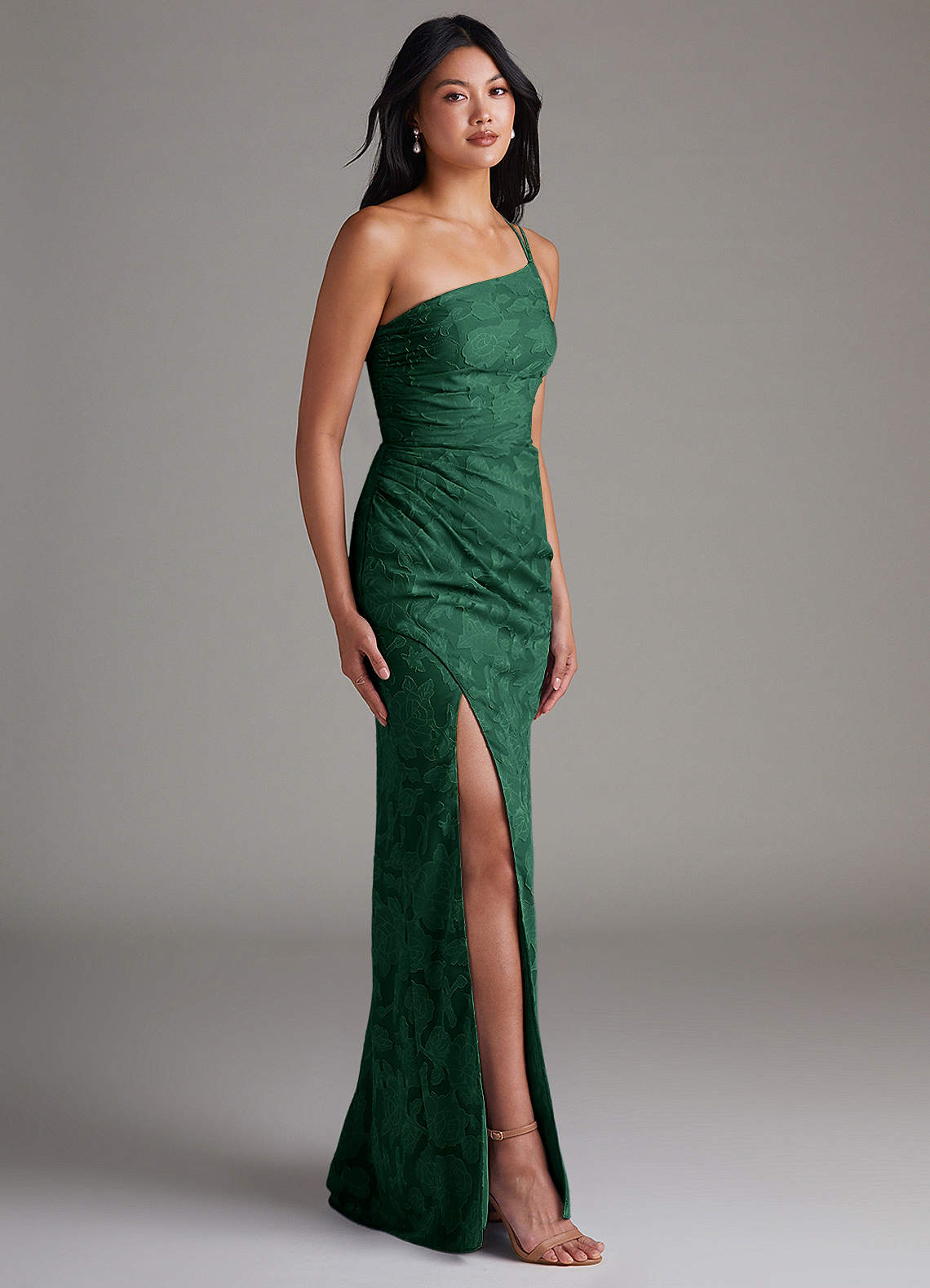 Eren Sheath One-Shoulder Floral Burnout Bridesmaid Dress in Dark Green