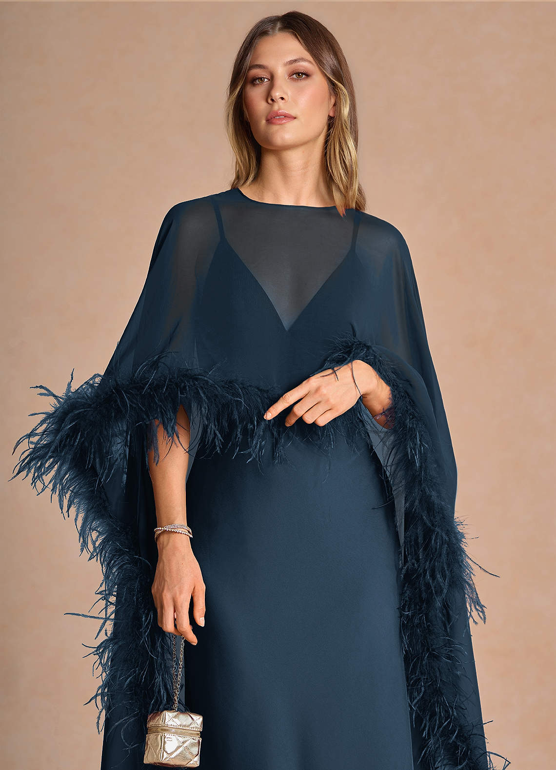 Samara Sheath Feather-Trim Satin Chiffon Wedding Guest Dress in Navy