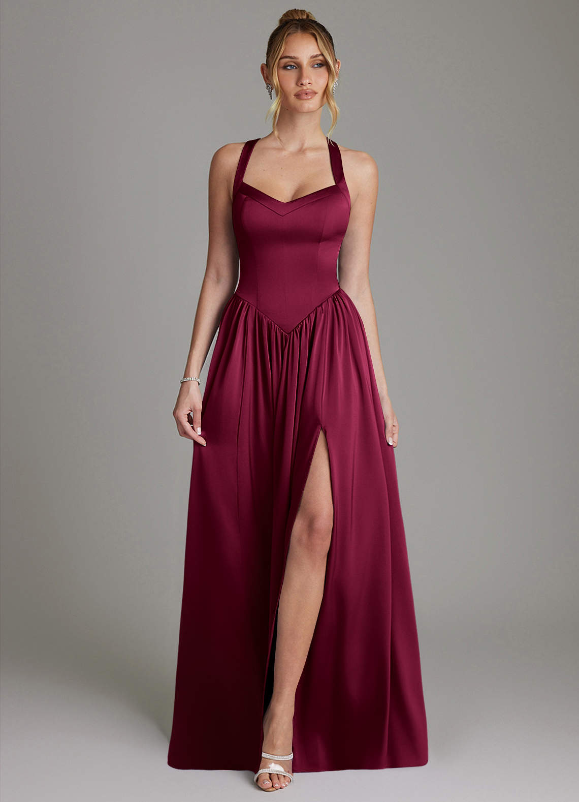 Francis A-Line V-Neck Stretch Satin Bridesmaid Dress in Burgundy
