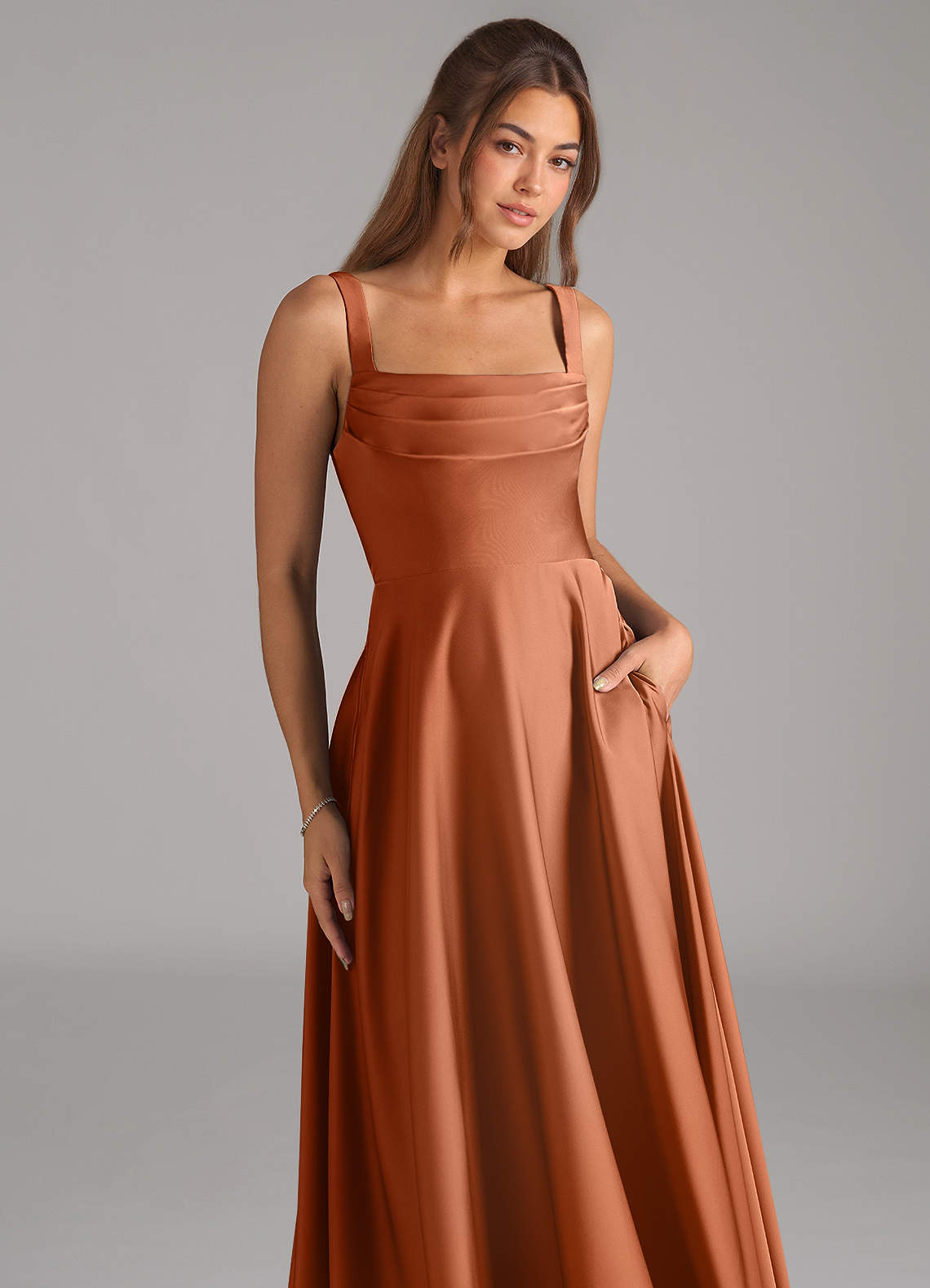 Shaude A-Line Square-Neck Stretch Satin Bridesmaid Dress in Copper