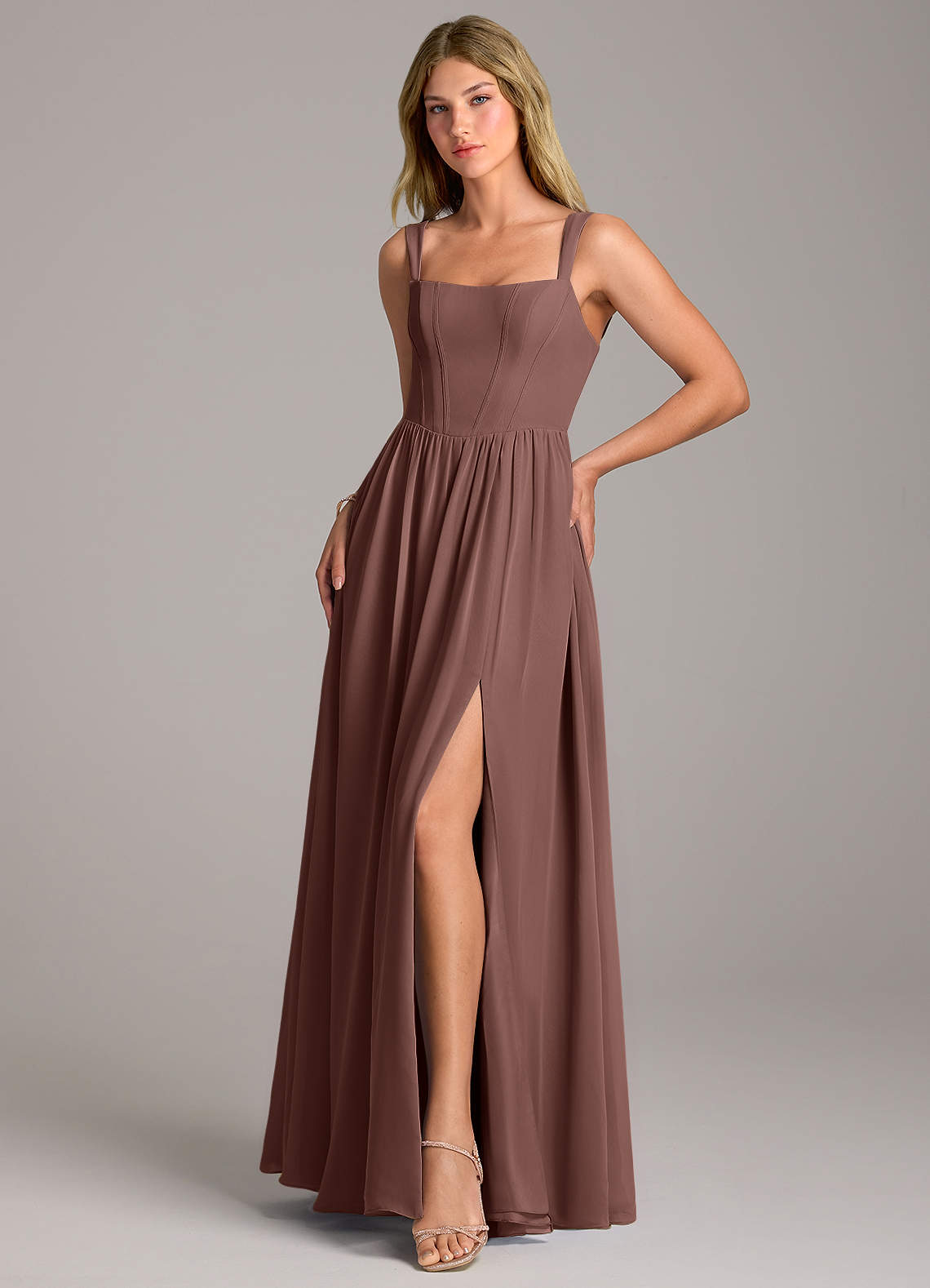 Rosaline A-Line Square-Neck Chiffon Bridesmaid Dress in Espresso