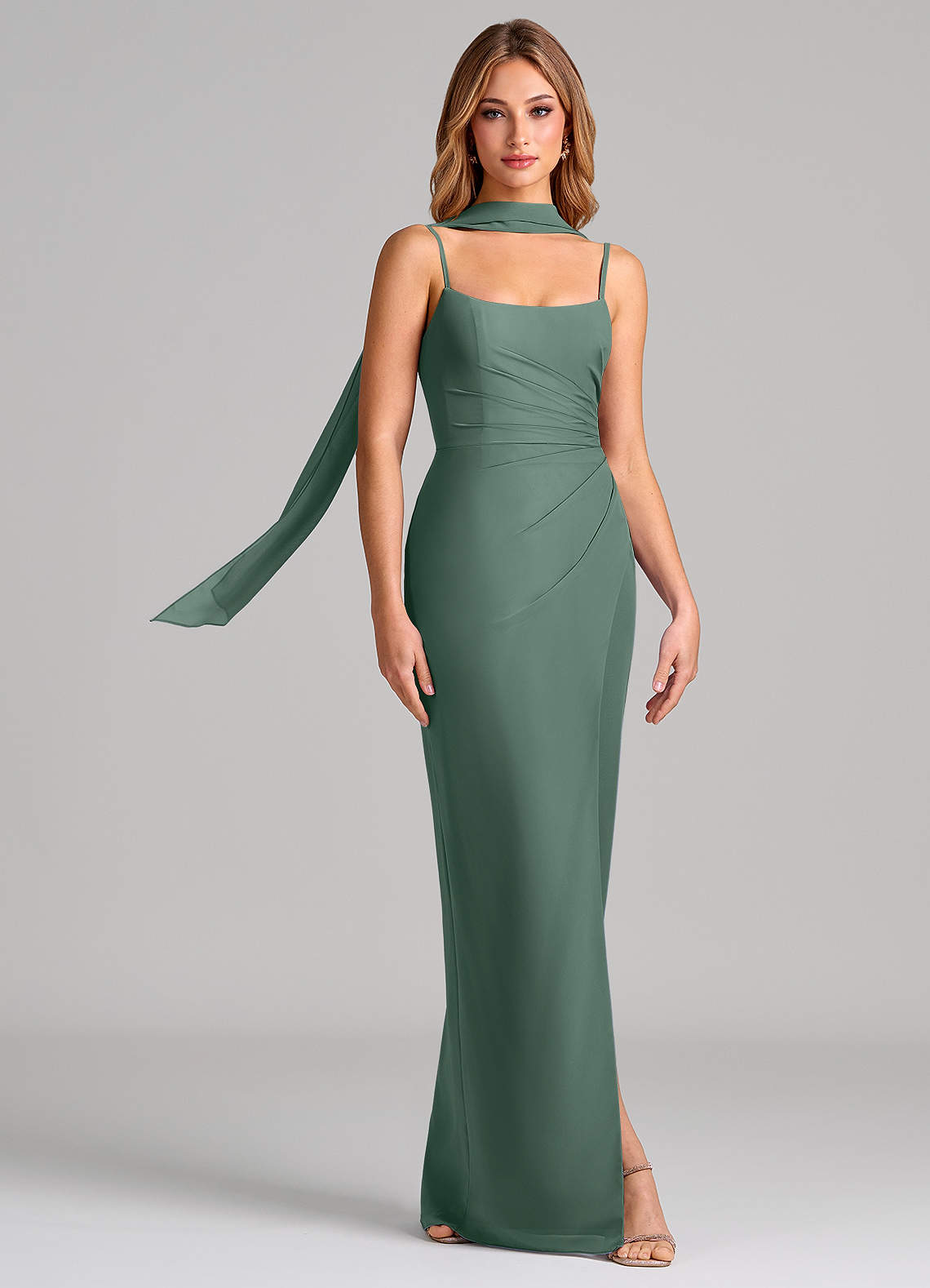Calandra Sheath Scoop-Neck Chiffon Bridesmaid Dress in Sea Moss