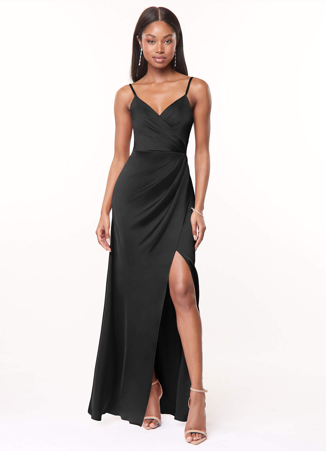 Maci A-Line V-Neck Stretch Satin Bridesmaid Dress in black