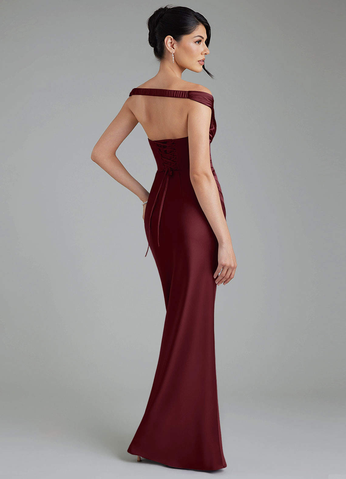 Stella Sheath V-Neck Stretch Satin Bridesmaid Dress in Cabernet