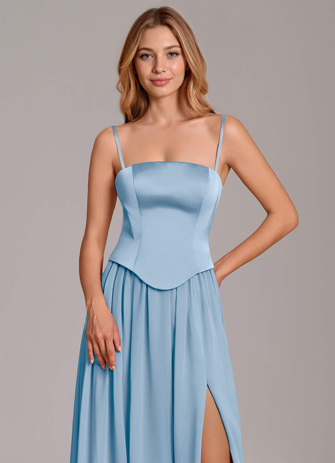 Cadence A-Line Strapless Chiffon and Stretch Satin Bridesmaid Dress in Powder Blue