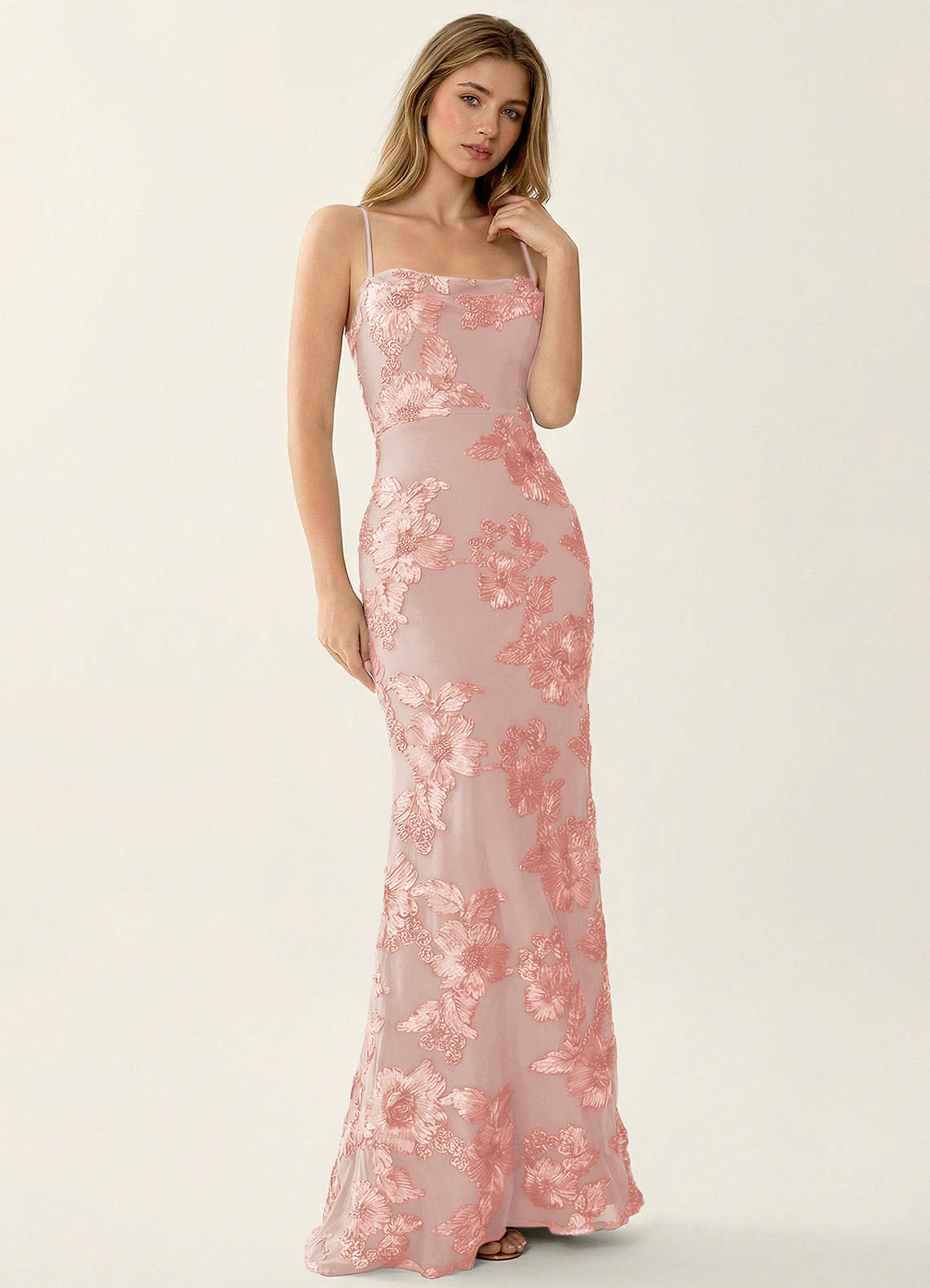 Kailani Mermaid Spaghetti-Strap Lace Evening Dress in English Rose