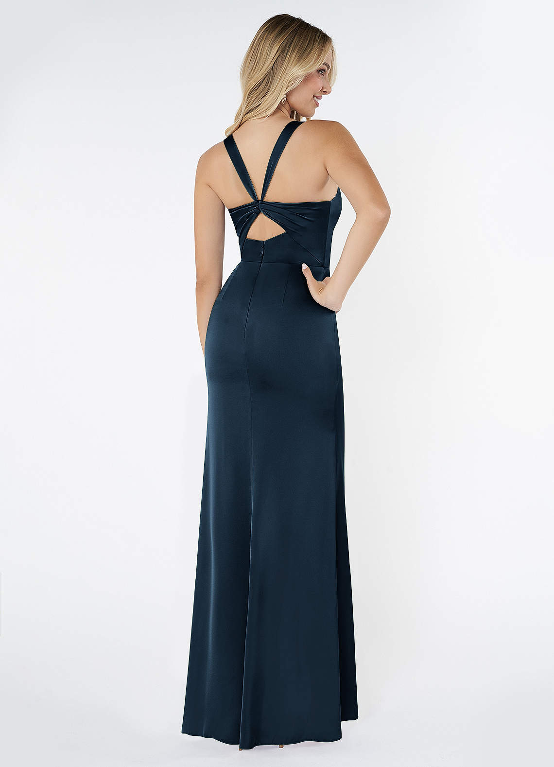 Mero Mermaid Square-Neck Stretch Satin Bridesmaid Dress in Dark Navy