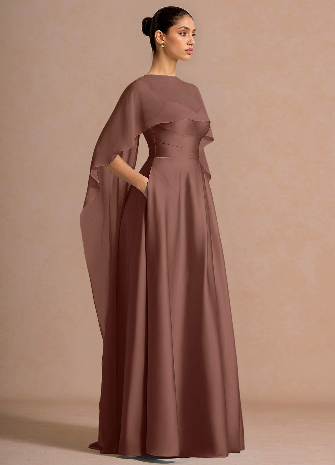 Nancy A-Line V-Neck Stretch Satin and Chiffon Evening Dress in Mocha Coco