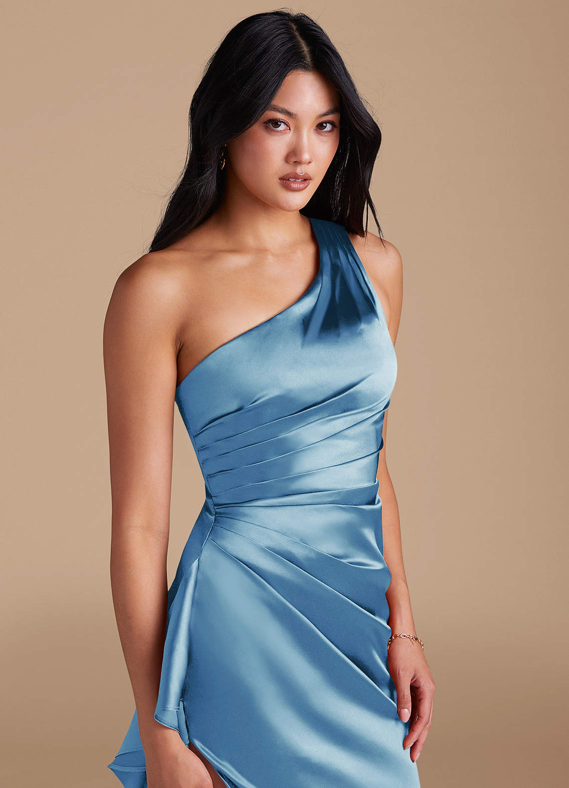 Latrice Sheath One-Shoulder Metallic Satin Bridesmaid Dress in Steel Blue