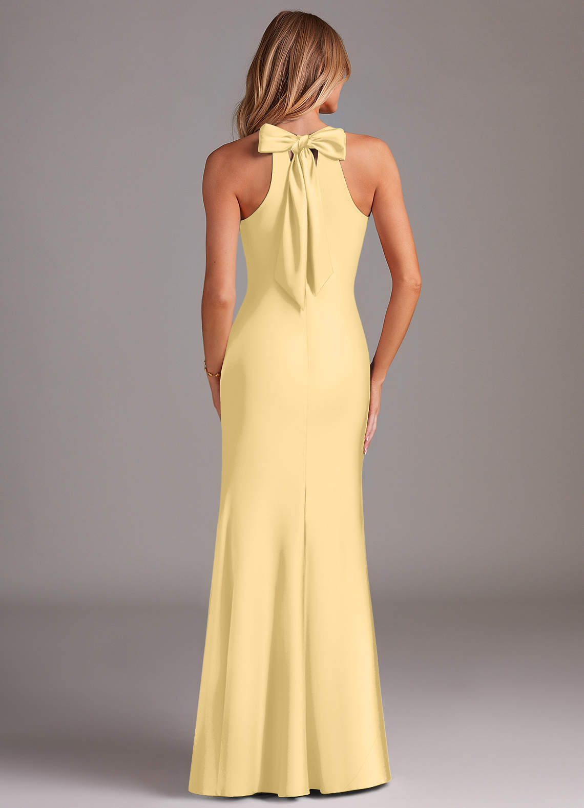 Doretta Mermaid Halter Stretch Satin Bridesmaid Dress in Butter