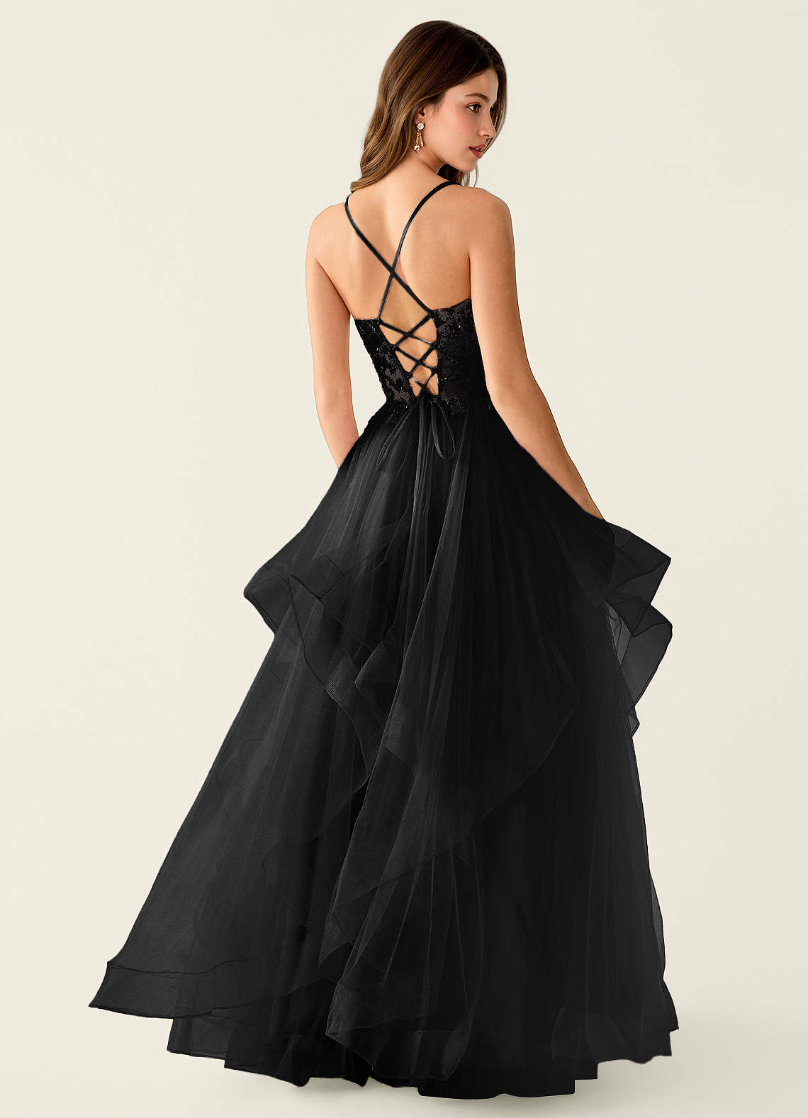 Mosaic A-Line V-Neck Tulle Evening Dress in black