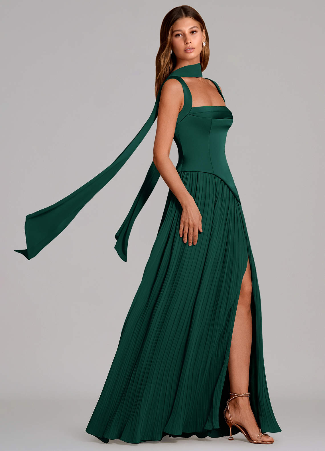 Stephanie A-Line Square-Neck Stretch Satin and Chiffon Bridesmaid Dress in Emerald