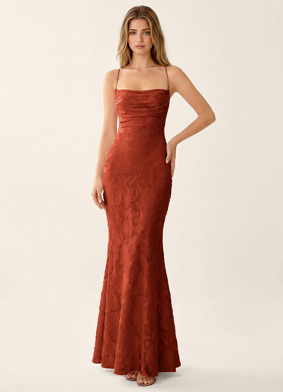 Natasha Mermaid Spaghetti-Strap Floral Burnout Evening Dress in Auburn