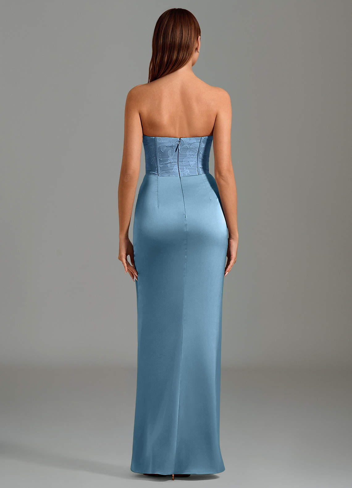 Emilia Mermaid Strapless Stretch Satin and Floral Burnout Bridesmaid Dress in Steel Blue