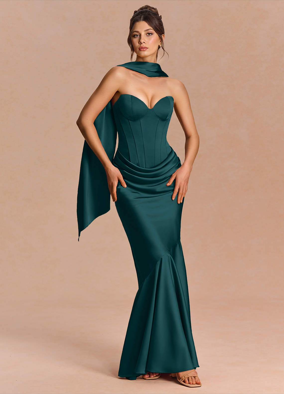 Euphemia Mermaid Strapless Stretch Satin Evening Dress in Haze blue